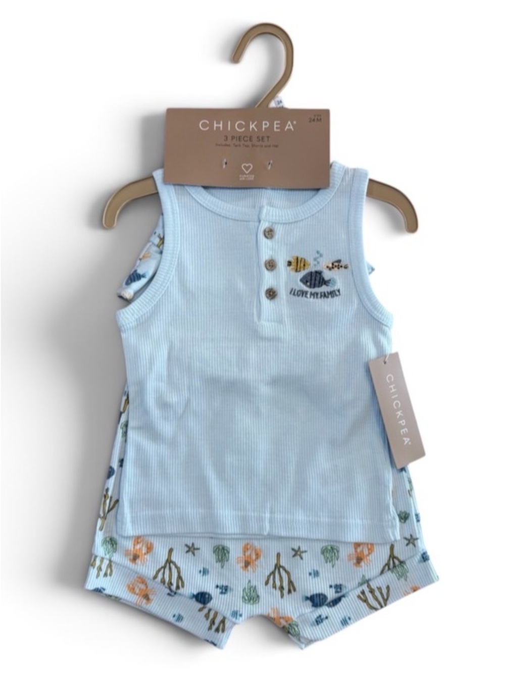 Chickpea Baby Boy 3 Piece Fish Outfit 24M Tank Shorts Bucket Hat NWT